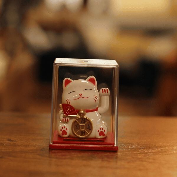 Mini Gato de la Suerte Solar Blanco en Caja