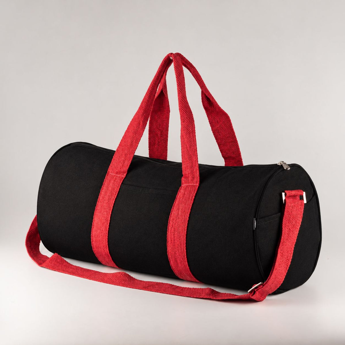 Bolsa de deporte de algodón canvas - Negra con asas rosa cereza