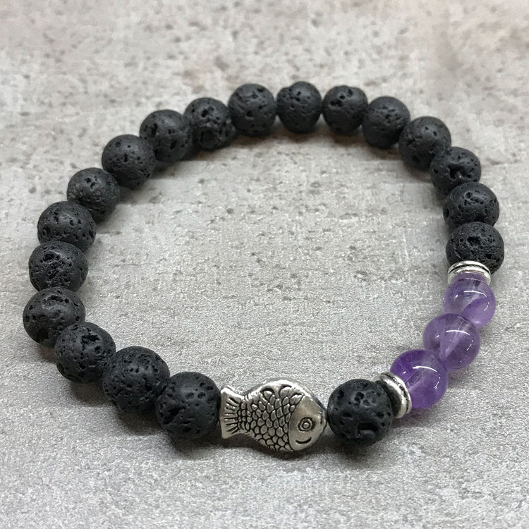 Pulsera de piedra de lava - pez - amatista
