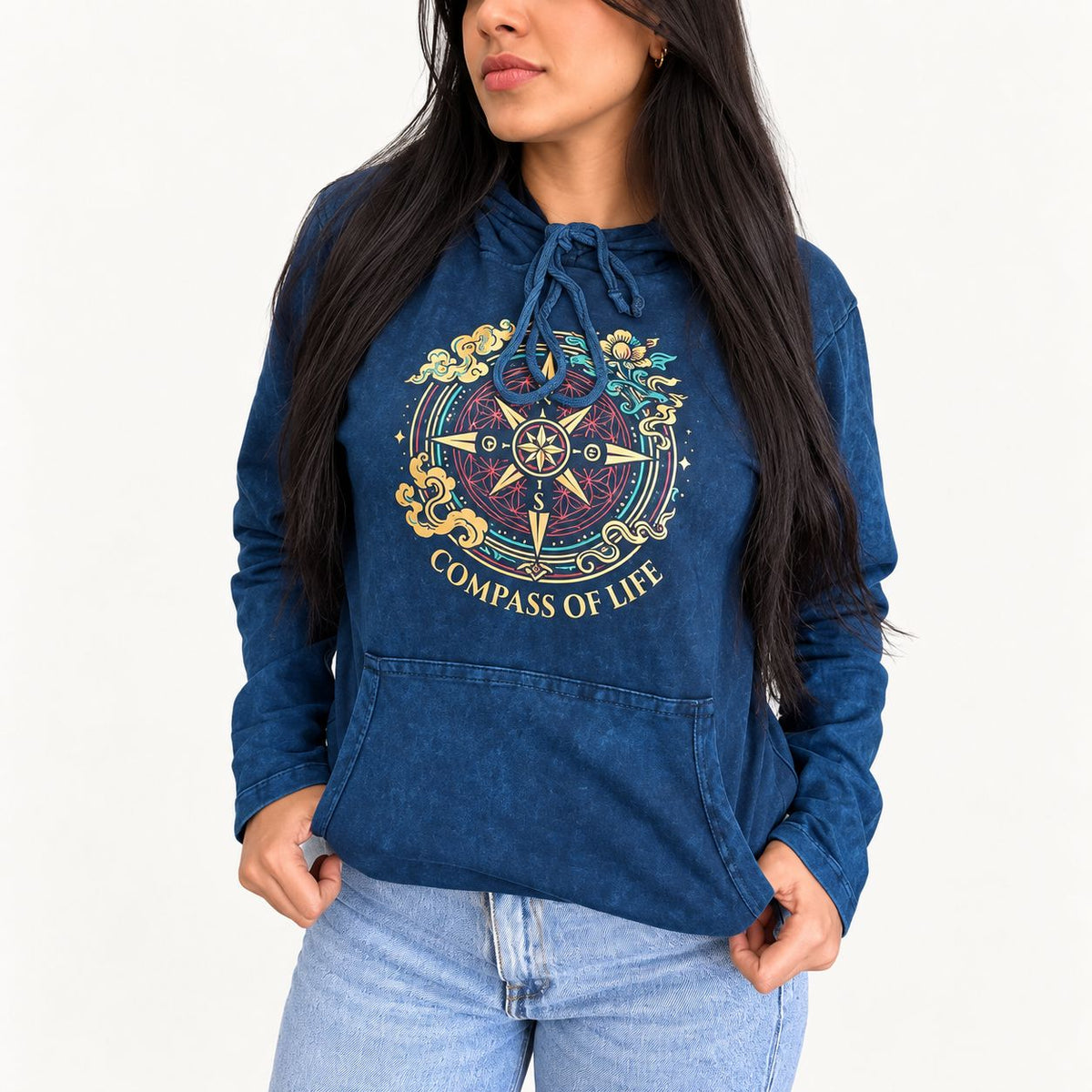 Sudadera con capucha azul Brújula de la vida – Talla M