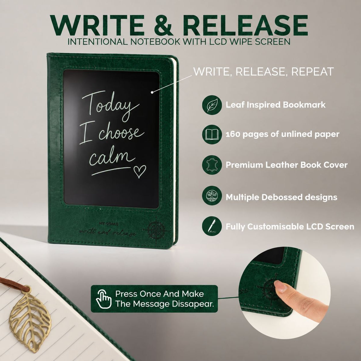 Cuaderno A5 con pantalla LCD borrable – Verde, 80 hojas