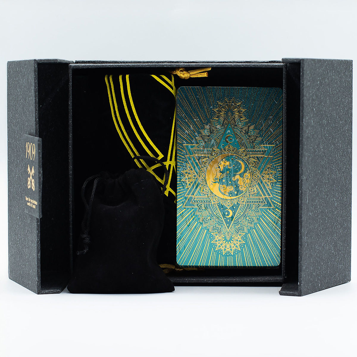 Conjunto de tarot oro y turquesa – 78 cartas con guía y caja