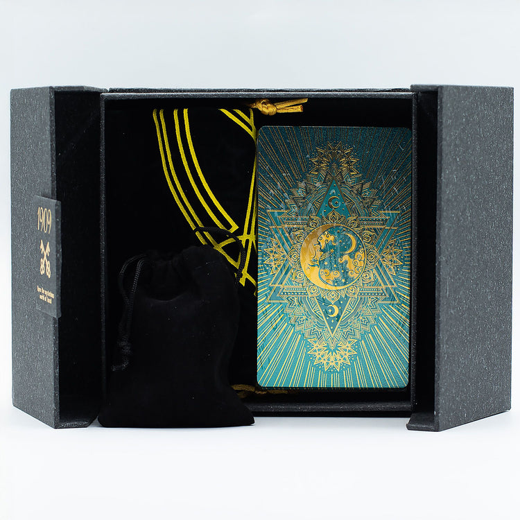 Conjunto de tarot oro y turquesa – 78 cartas con guía y caja