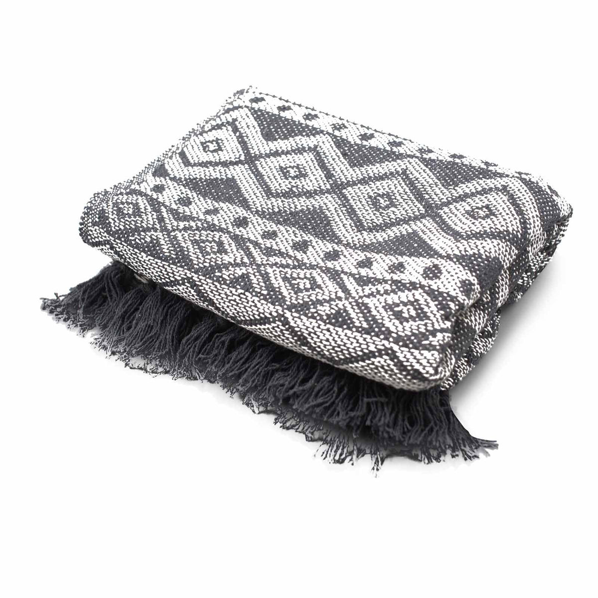 Manta boho de algodón gris geométrica – 125 × 150 cm