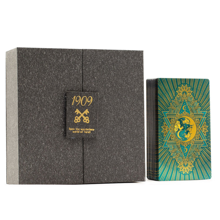 Conjunto de tarot oro y turquesa – 78 cartas con guía y caja