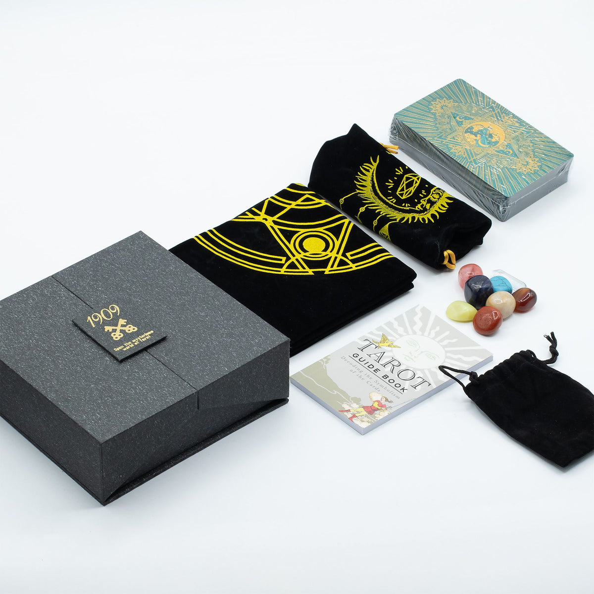 Conjunto de tarot oro y turquesa – 78 cartas con guía y caja