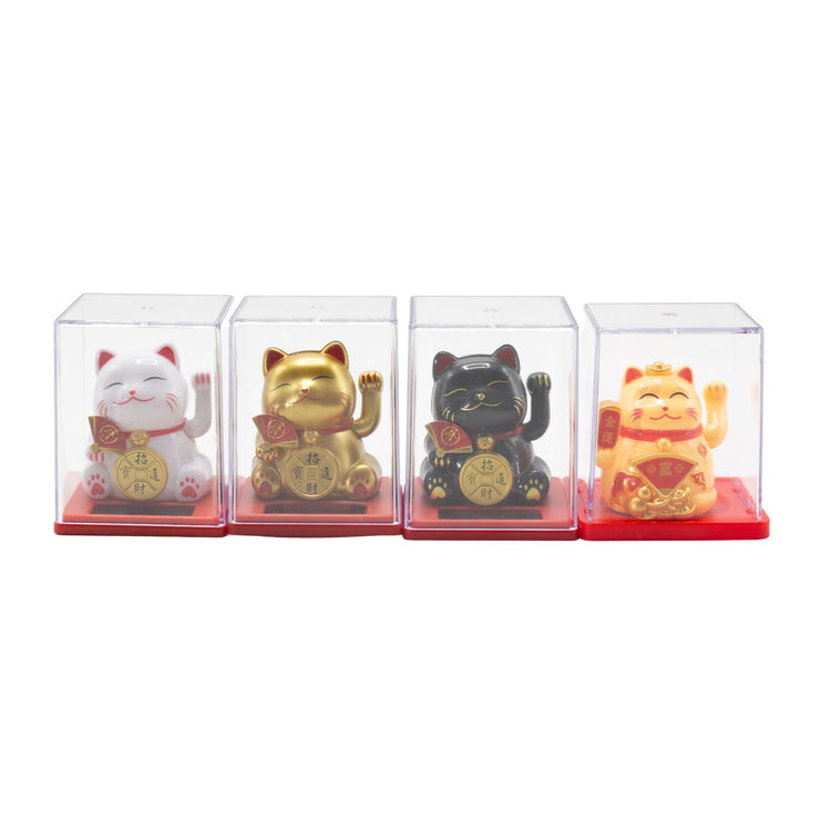 Mini Gato de la Suerte Solar Dorado en Caja